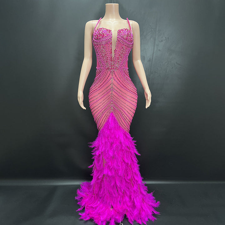 Elegant Feather Diamond Maxi Dress