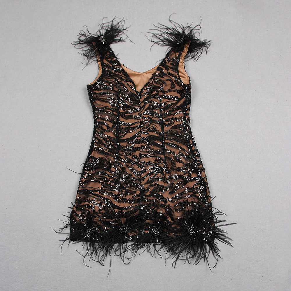 Fashion Sequined Feather Mini Dress