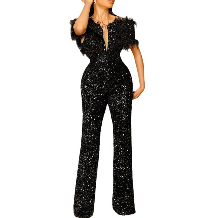 Temperament Off-Shoulder Feather Sequin Jumpsuit