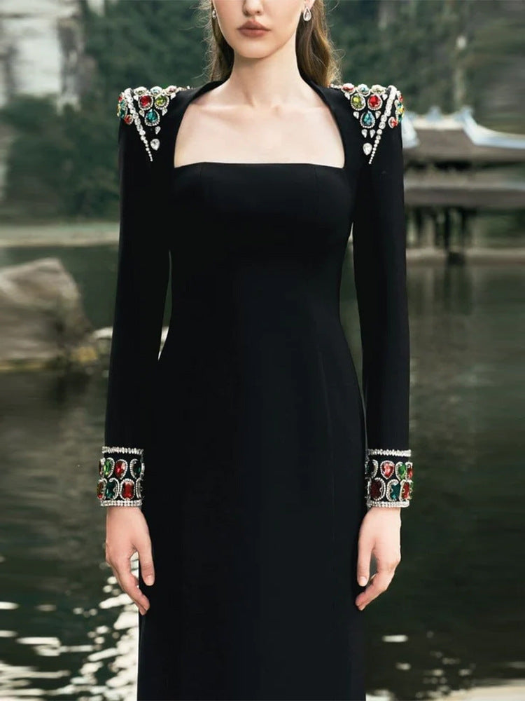 Temperament Diamond-encrusted Long-sleeved Dress