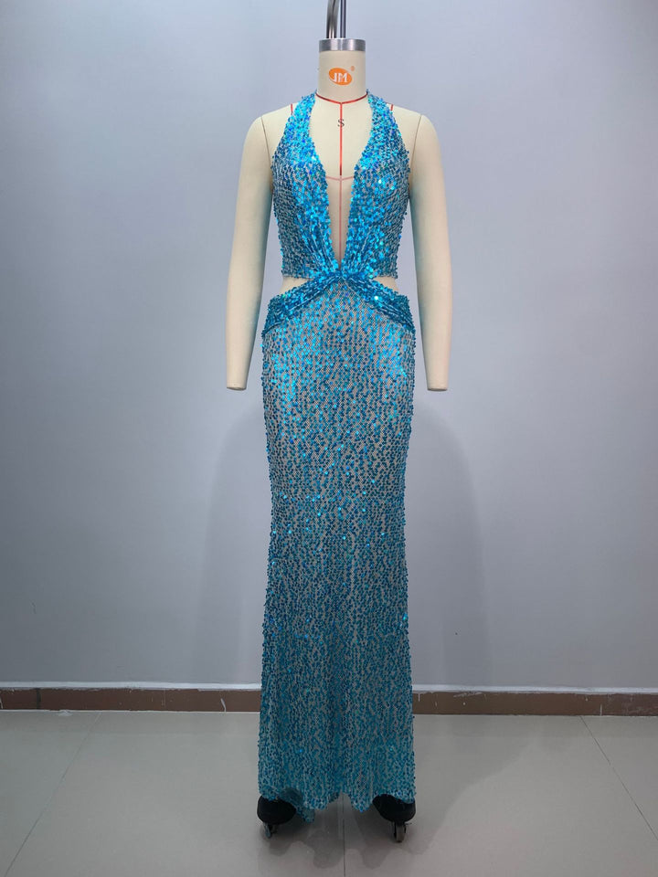 Fashion Neck Hollow Sequin Maxi Dress