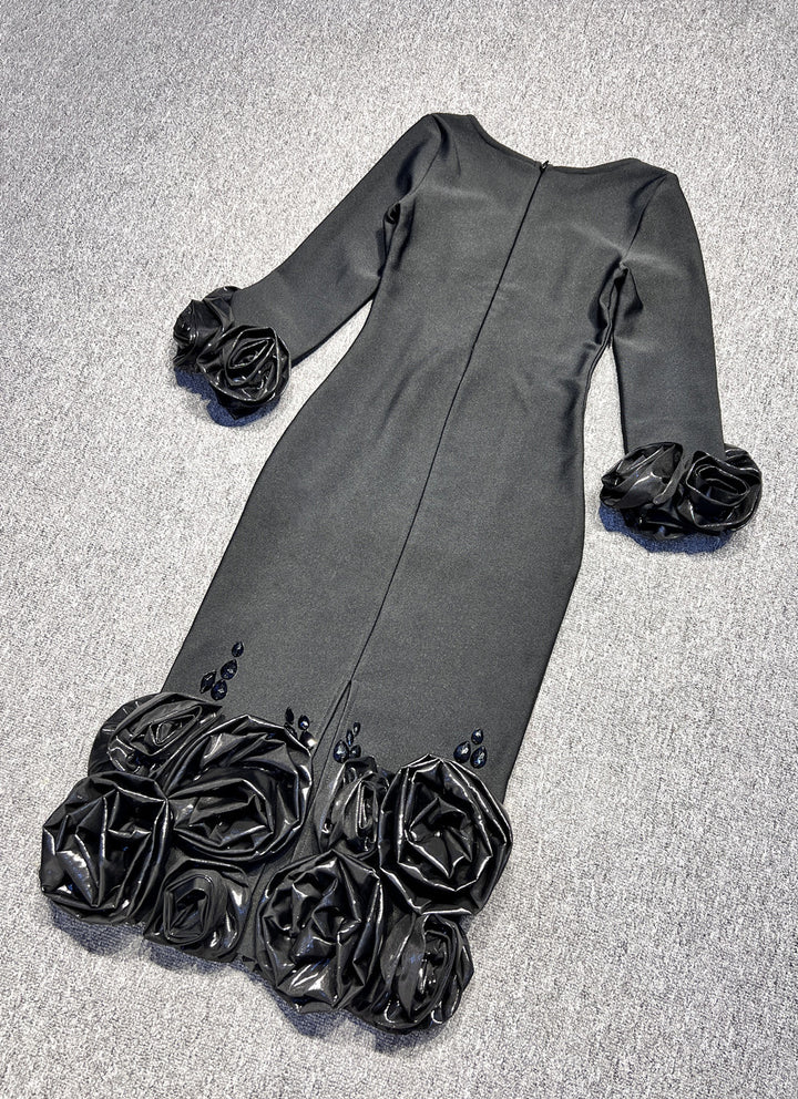 Elegant Three-dimensional Flower Midi Dress