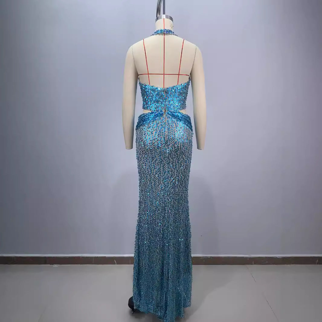 Fashion Neck Hollow Sequin Maxi Dress