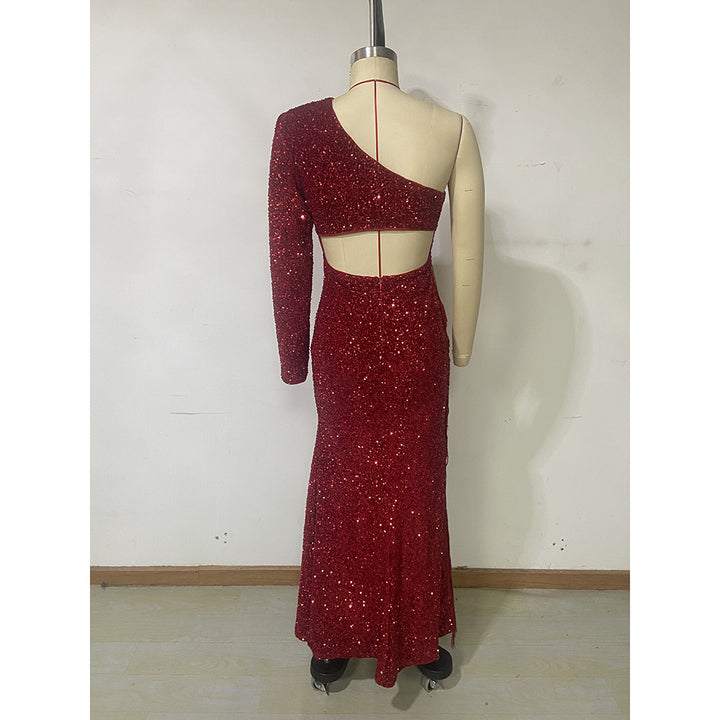 Temperament Red Sequined Fringed Maxi Dress