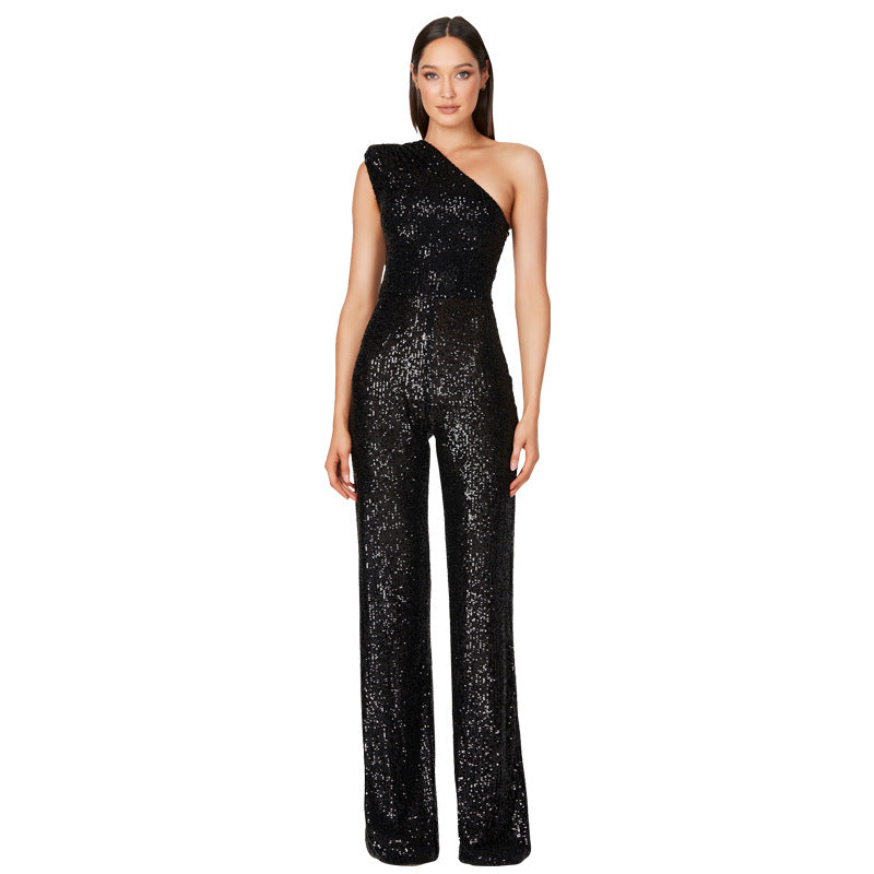 Simple Solid Color Shoulder Sequined Jumpsuit