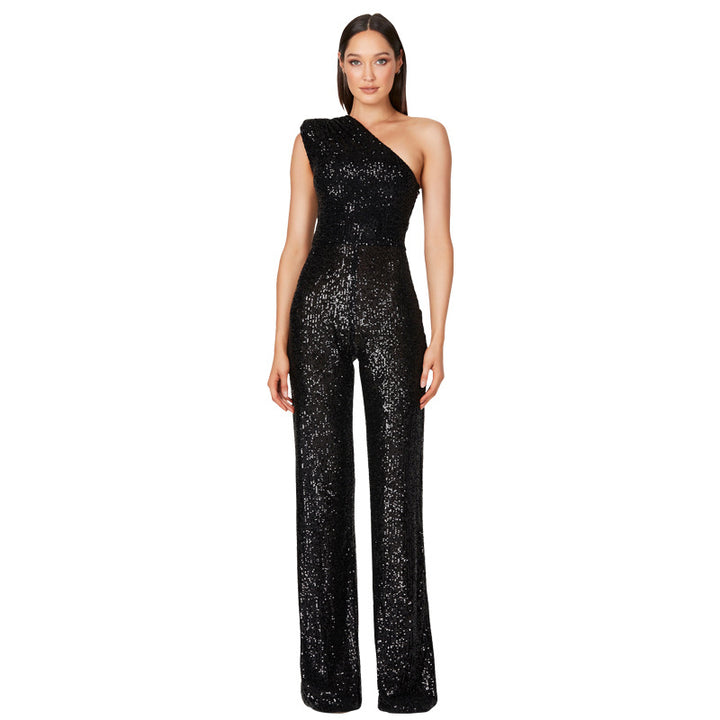 Simple Solid Color Shoulder Sequined Jumpsuit