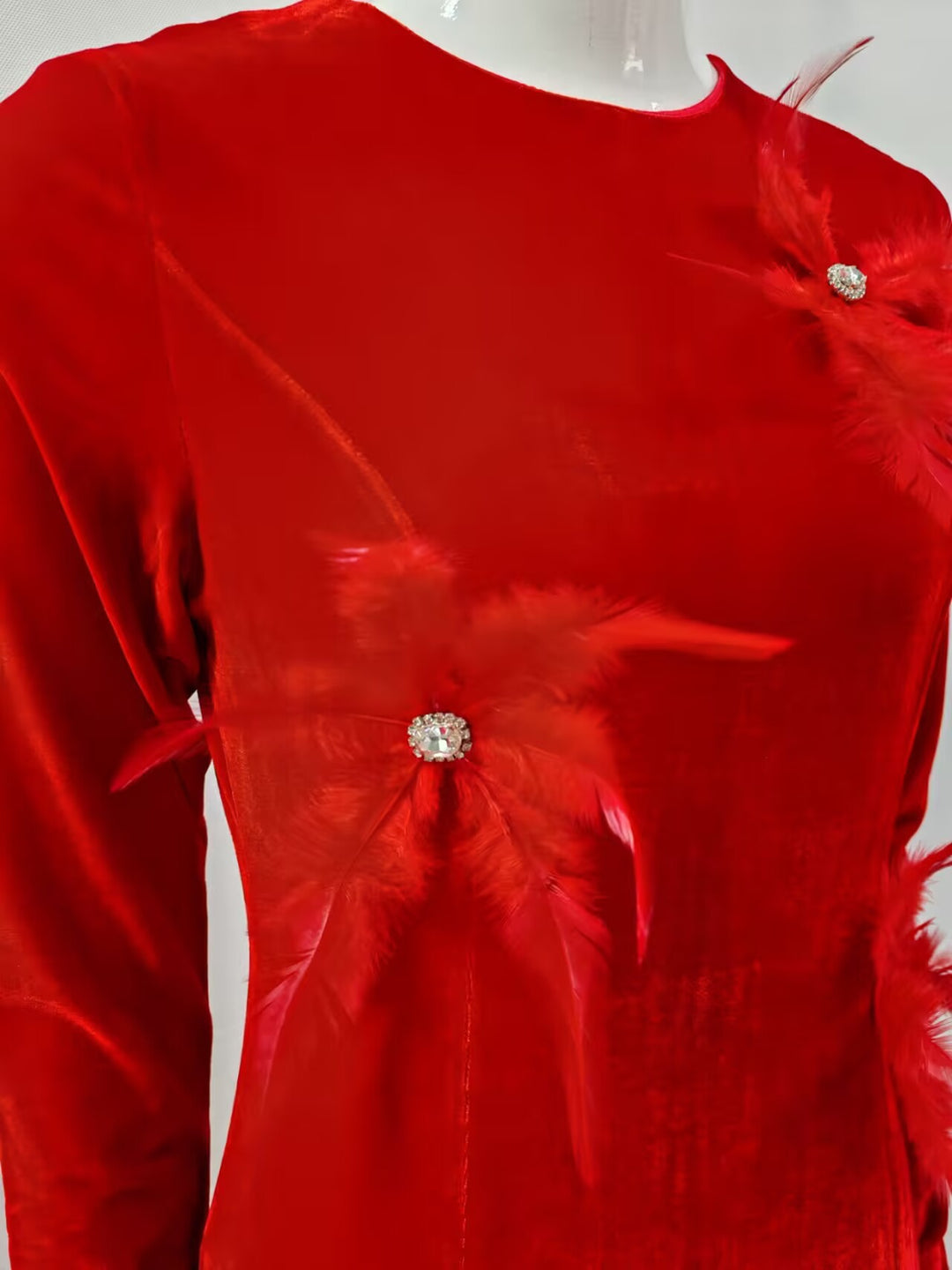 3D Red Feather Diamond Flower Maxi Dress