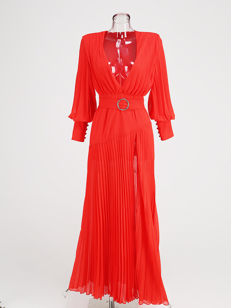 Retro Solid Color Lantern Sleeve Maxi Dress