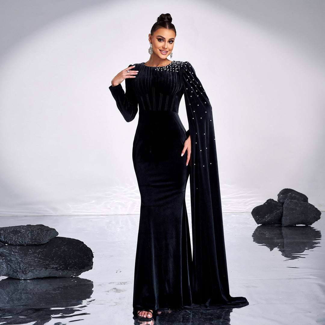 Vintage Long Sleeve Crew Neck Bead Maxi Dress