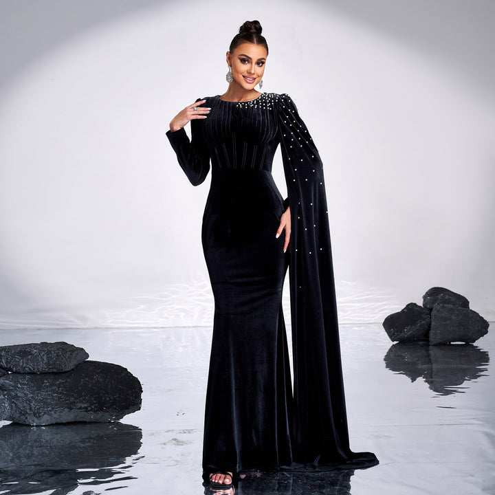 Vintage Long Sleeve Crew Neck Bead Maxi Dress