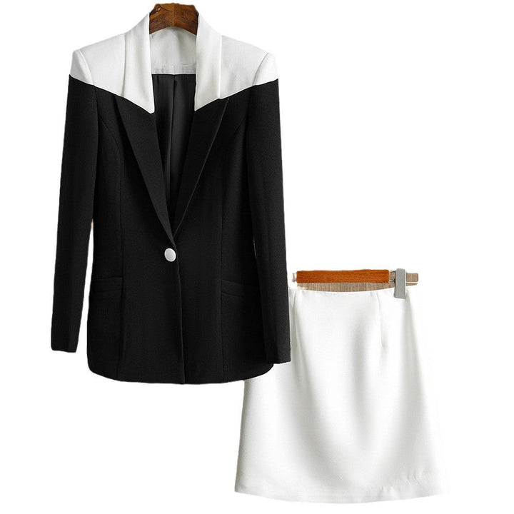 Black and White Splicing Contrasting Color Suit Two-piece Set