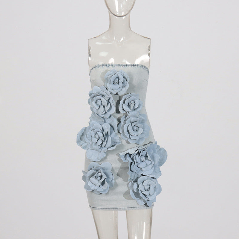 Fashion Tube Top Three-dimensional Flower Mini Dress