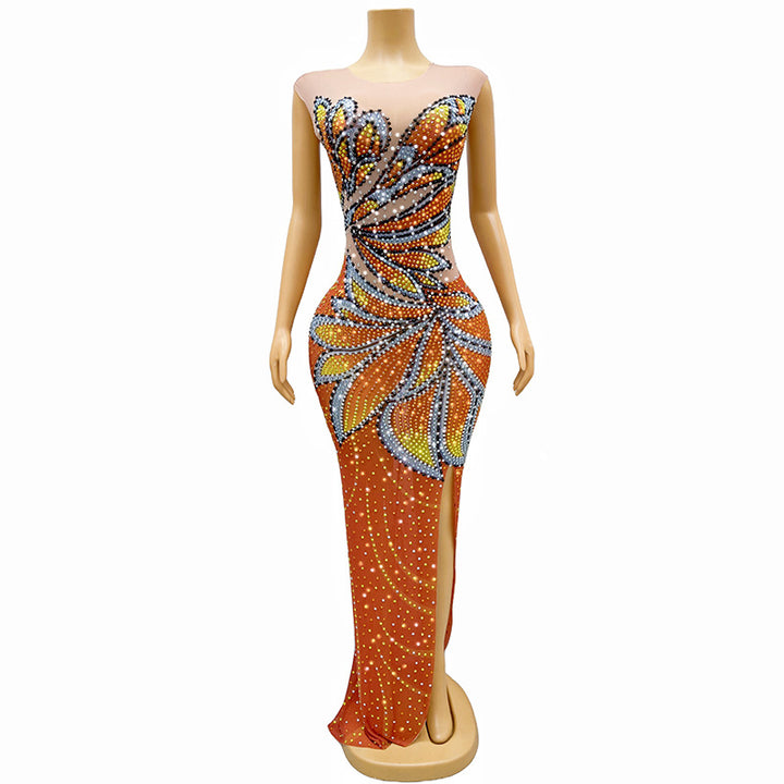 Temperament Color Printed Diamond Maxi Dress