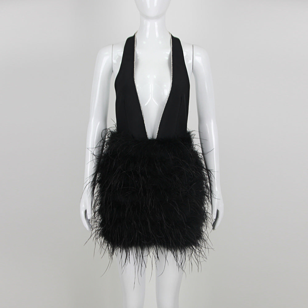 Simple Backless Feather Mini Dress