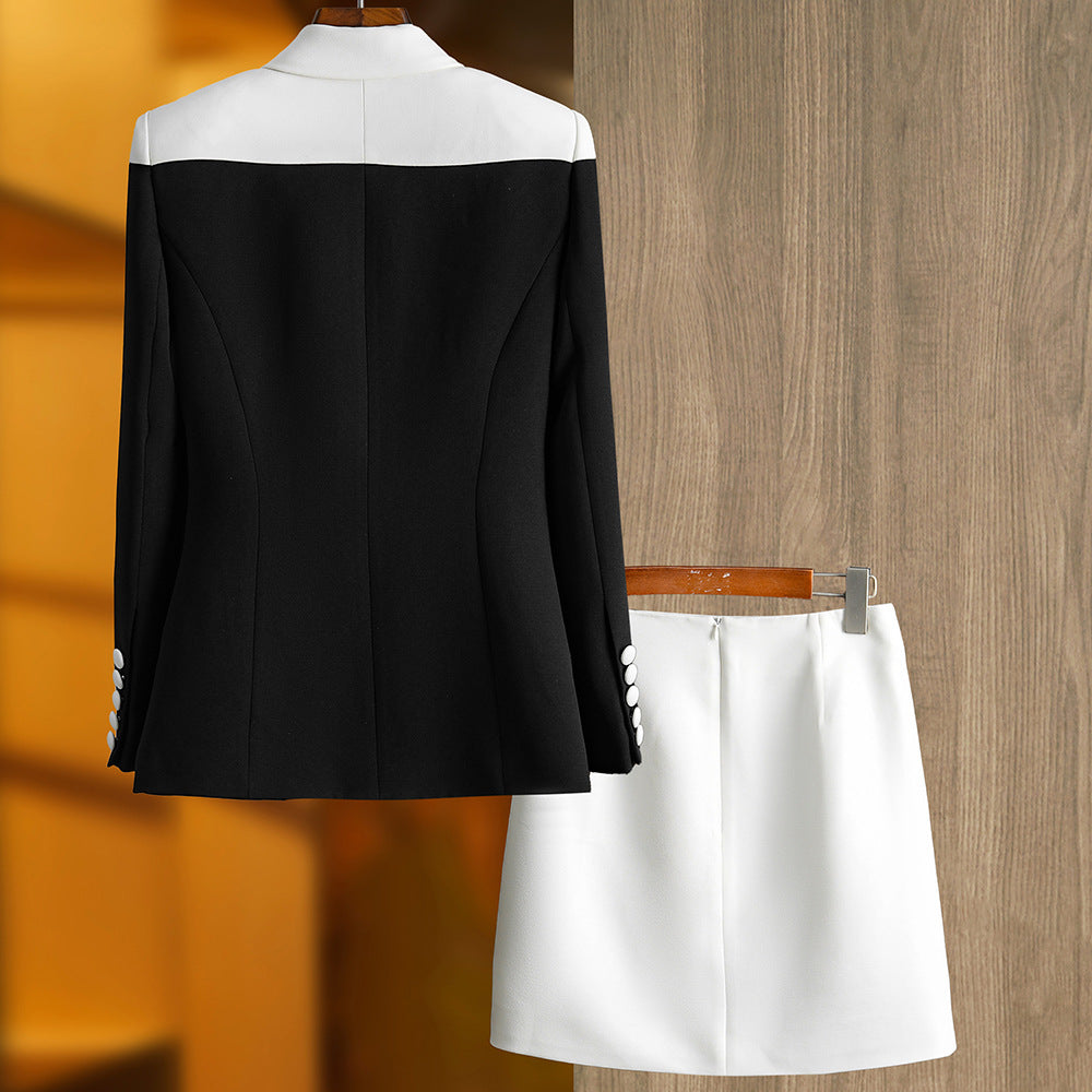 Black and White Splicing Contrasting Color Suit Two-piece Set