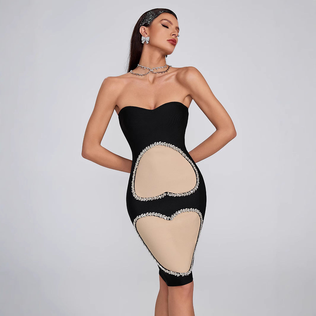 Elegant Diamond Heart Mesh Splicing Midi Dress