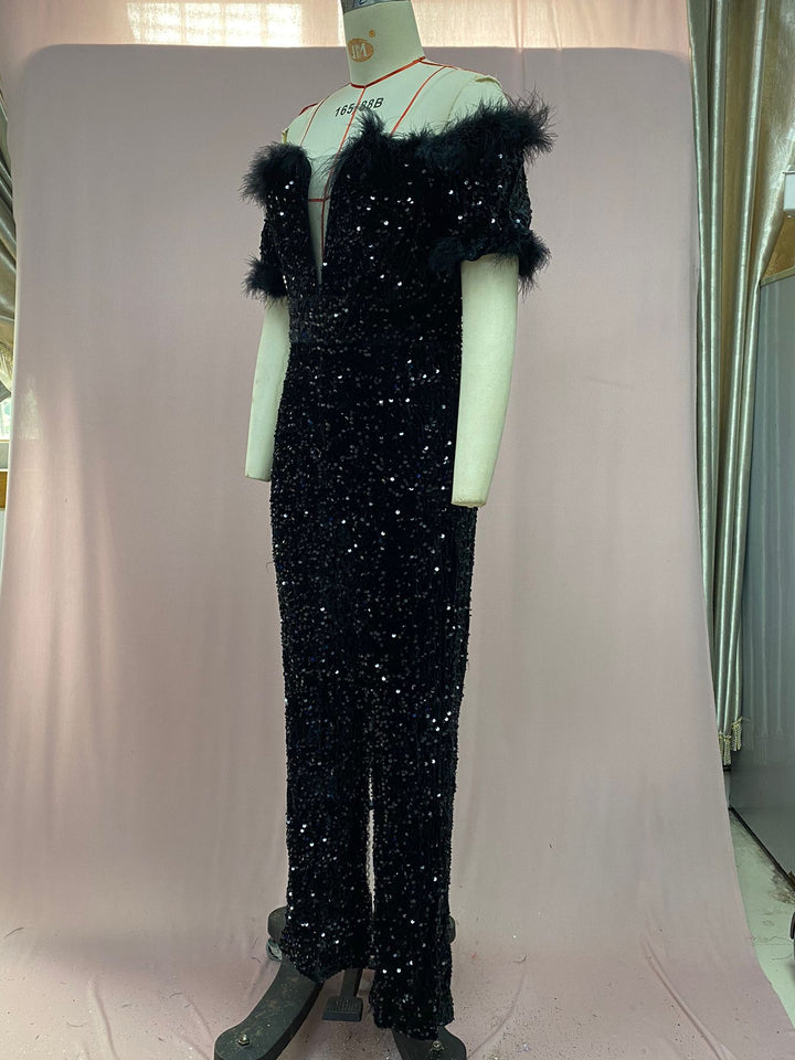 Temperament Off-Shoulder Feather Sequin Jumpsuit