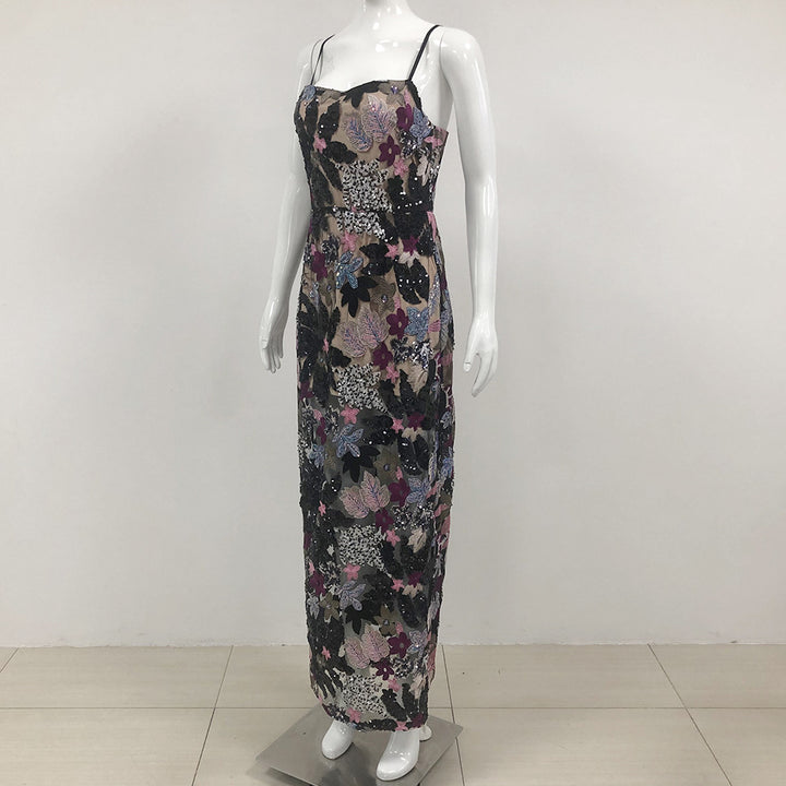 Elegant Embroidered Print Sequin Maxi Dress