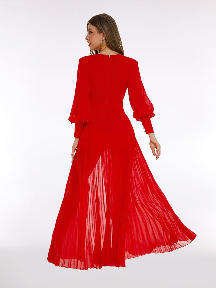 Retro Solid Color Lantern Sleeve Maxi Dress