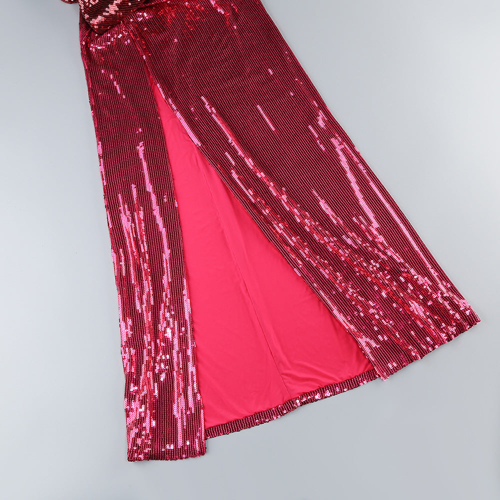 Elegant Rose Red Long-sleeved Sequin Maxi Dress