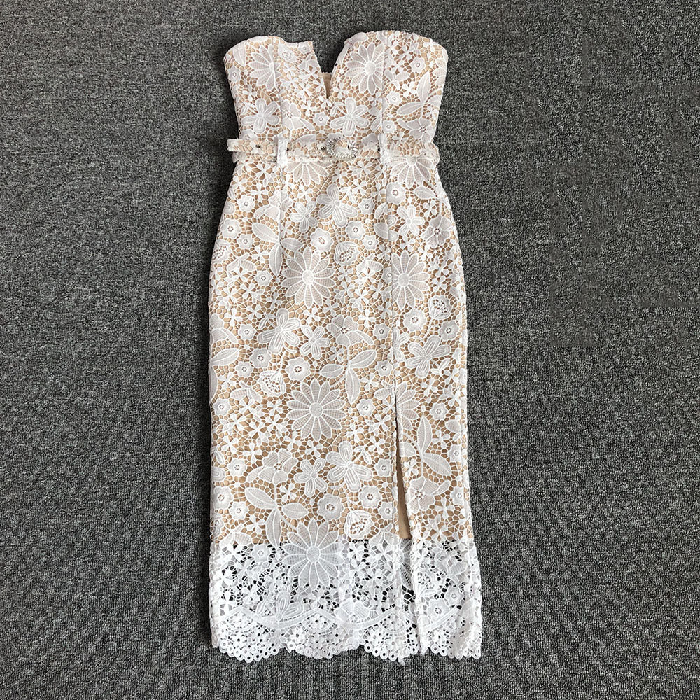 Elegant Tube Top White Lace Midi Dress