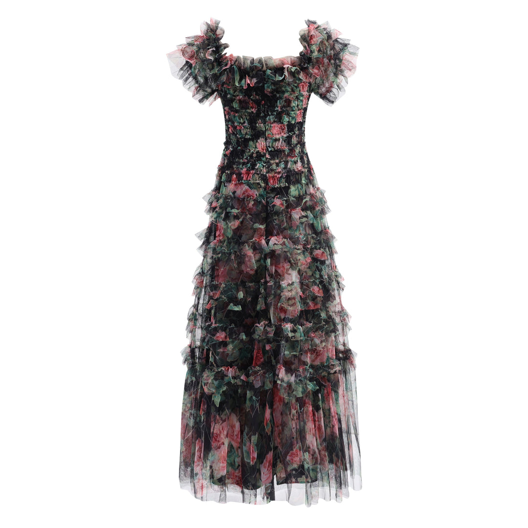 Aimee Square Neck Sweet Mesh Floral Sweet Waist Slimming Evening Dress