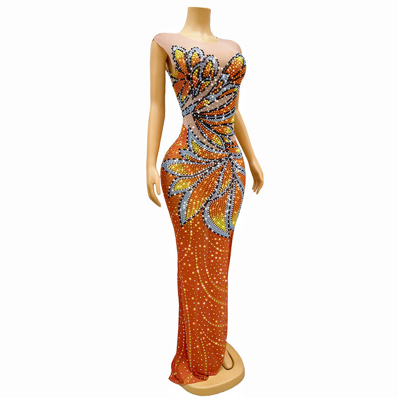 Temperament Color Printed Diamond Maxi Dress