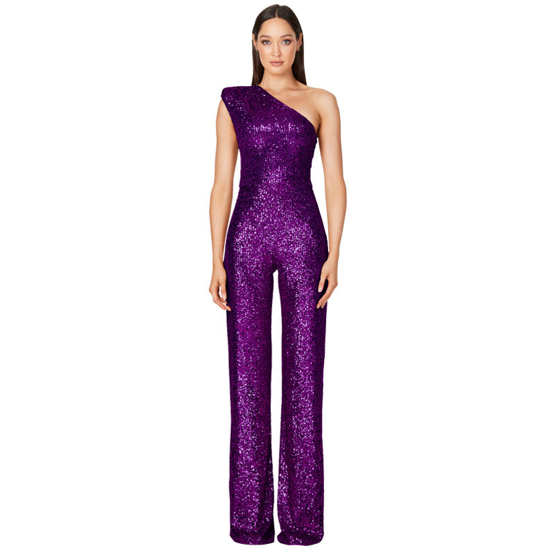 Simple Solid Color Shoulder Sequined Jumpsuit