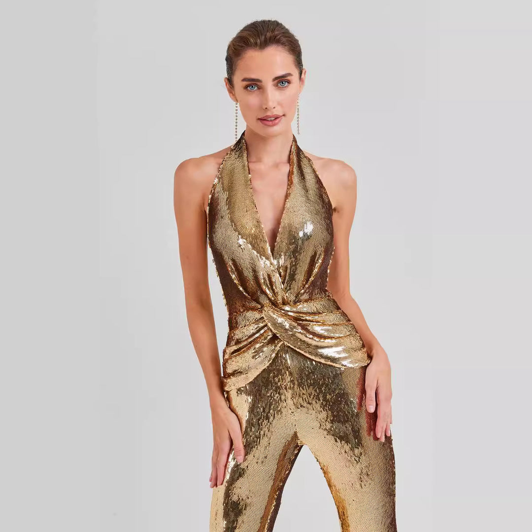 Fashion Sleeveless Neck Sequined Jumpsuit