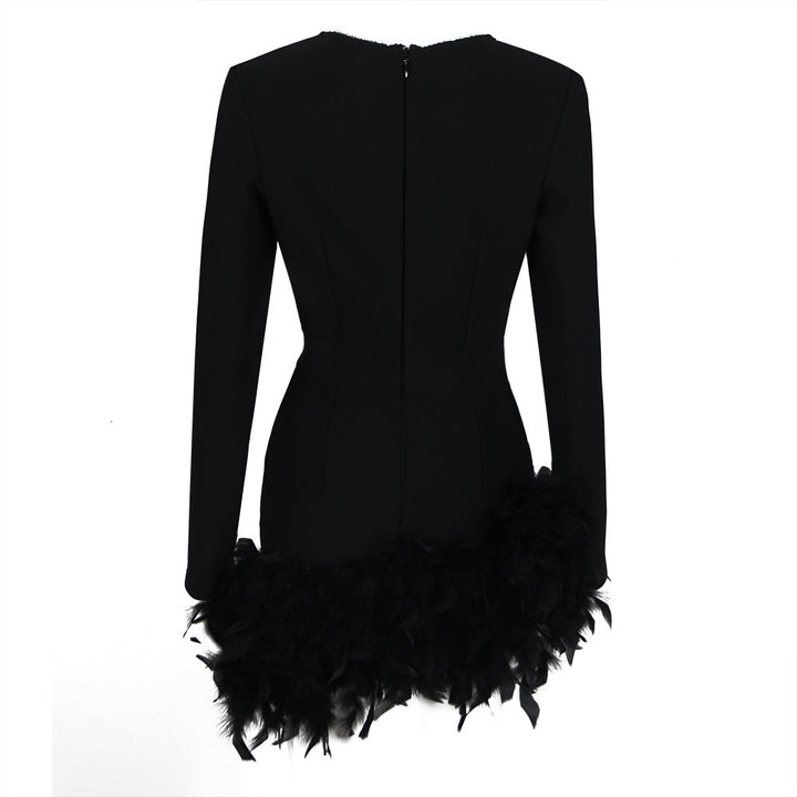 Elegant Long-sleeved Feather Mini Dress