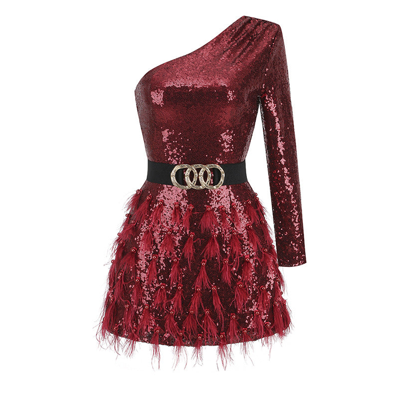 Fashion Beaded Sequin Feather Mini Dress