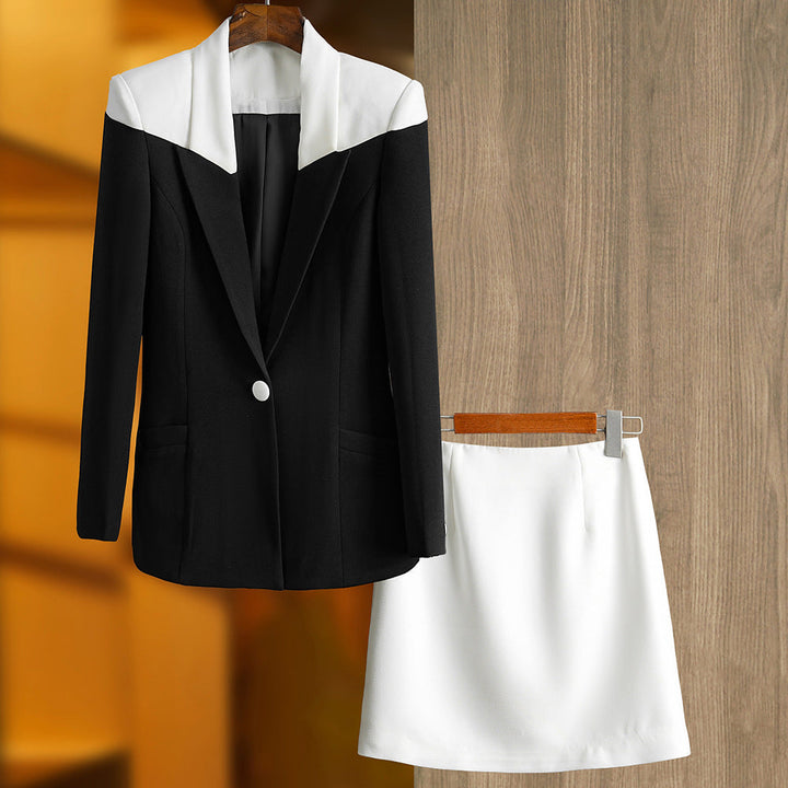 Black and White Splicing Contrasting Color Suit Two-piece Set