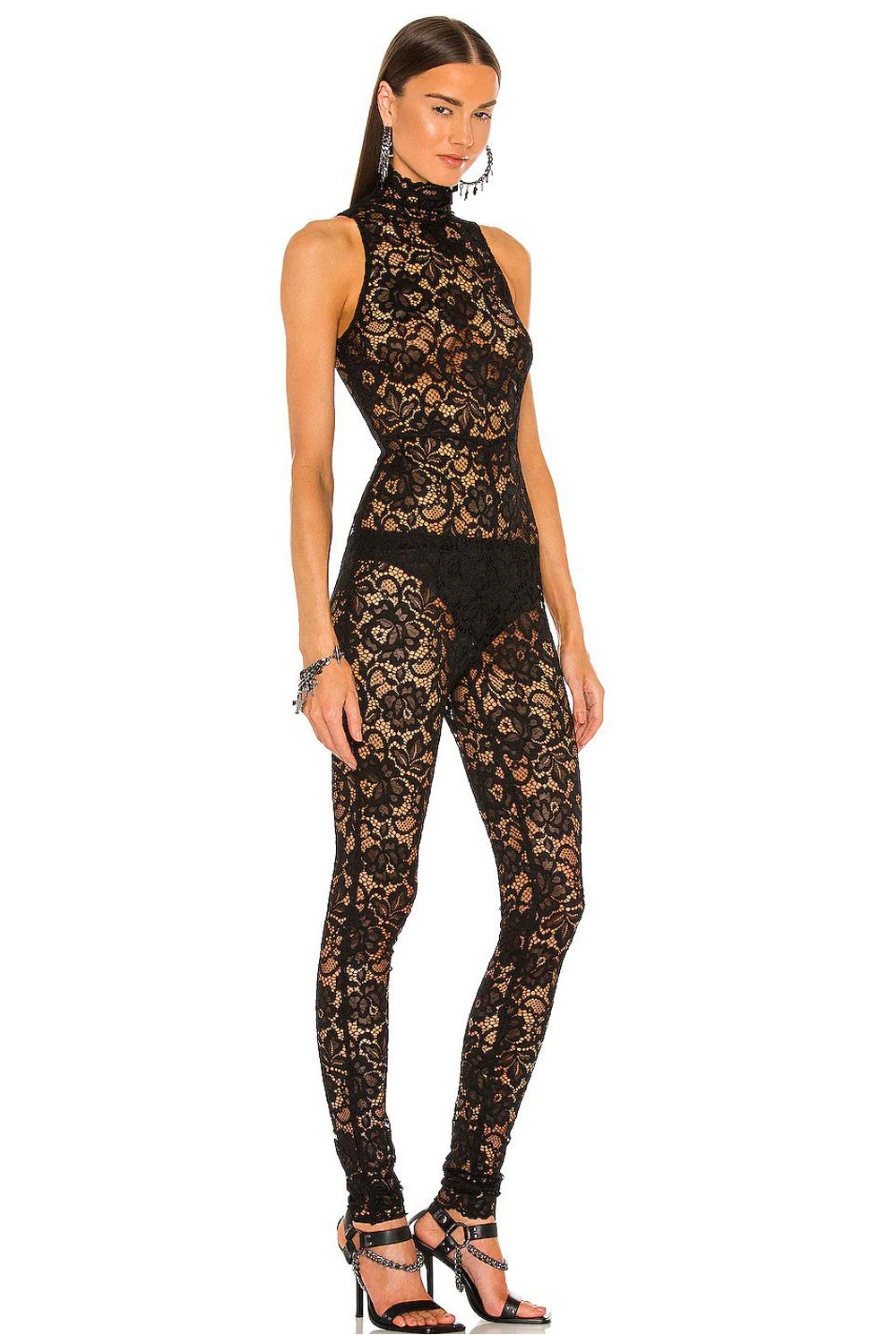 Elegant Black Belt Lace Jumpsuit