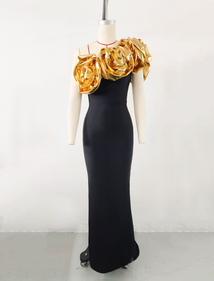 Elegant Gold Flower Slanted Shoulder Dress