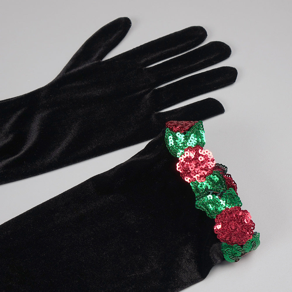 Black Sequined Floral Velvet Maxi Dress with Gloves