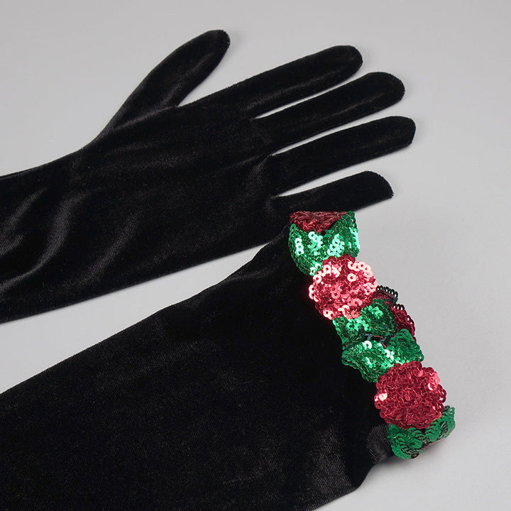 Black Sequined Floral Velvet Maxi Dress with Gloves