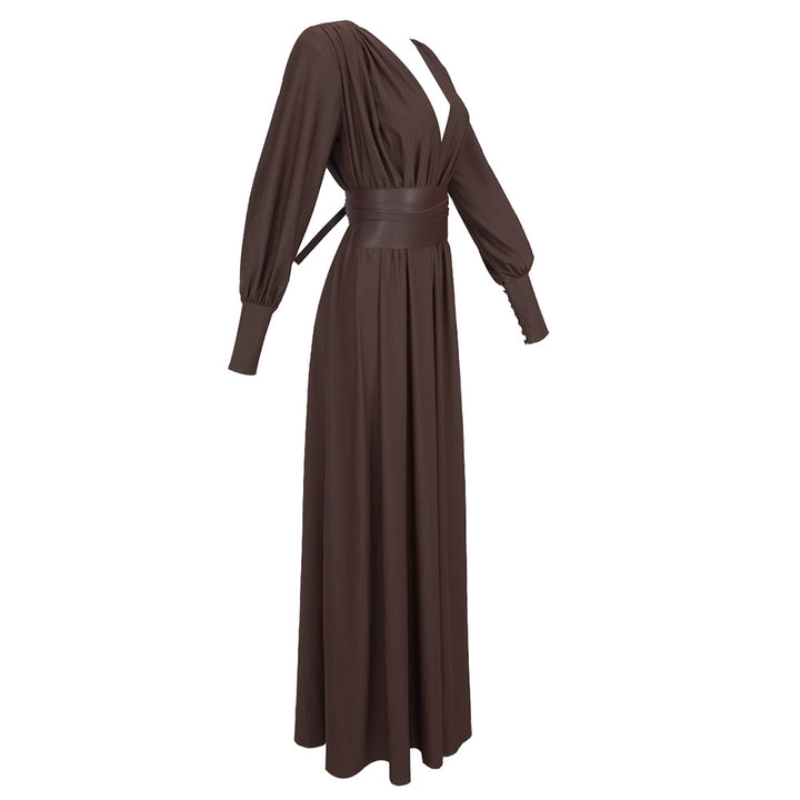 Simple Solid Color Dark V Long-sleeved Maxi Dress