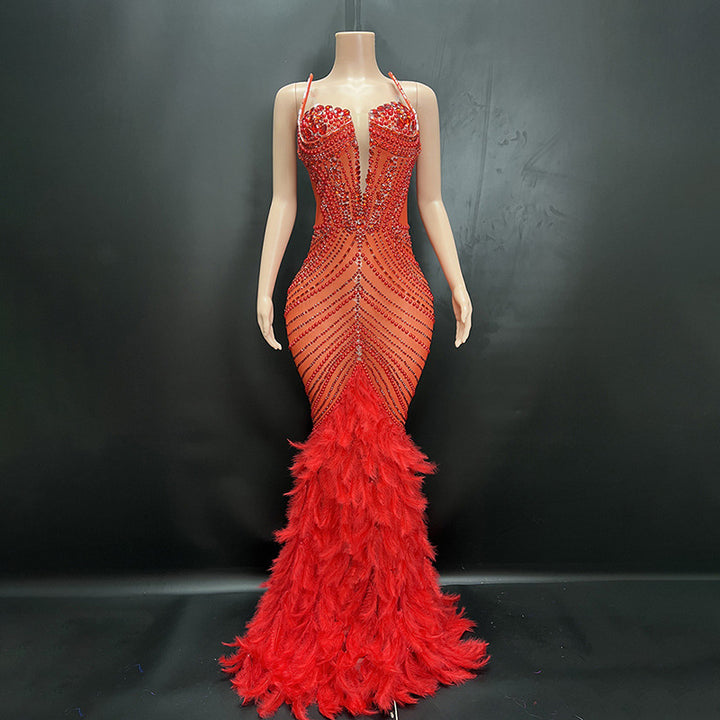 Elegant Feather Diamond Maxi Dress