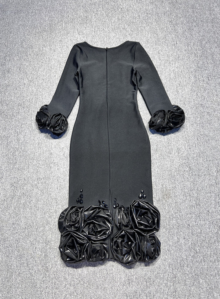 Elegant Three-dimensional Flower Midi Dress