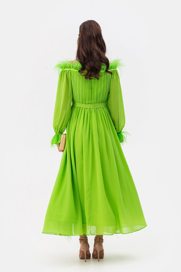 Anna Feather One Shoulder Trumpet Long Sleeve Dress