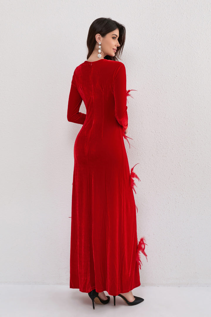 3D Red Feather Diamond Flower Maxi Dress