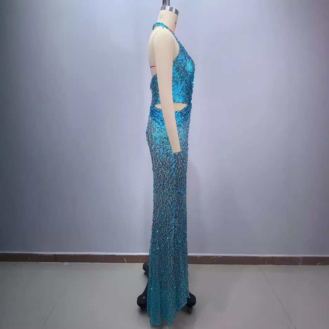 Fashion Neck Hollow Sequin Maxi Dress