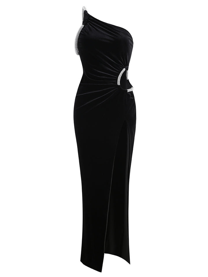 Temperament Single Shoulder Rhinestone Hollow Dress