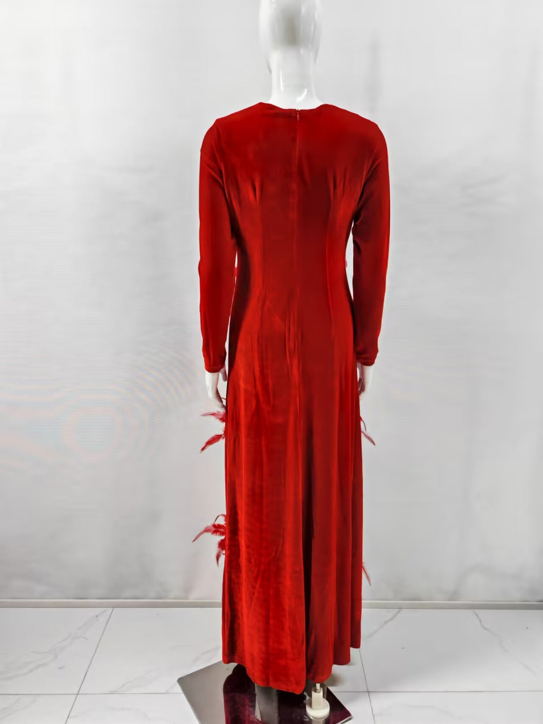 3D Red Feather Diamond Flower Maxi Dress