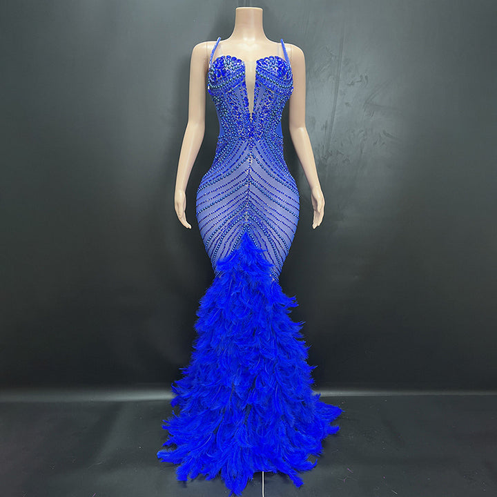 Elegant Feather Diamond Maxi Dress