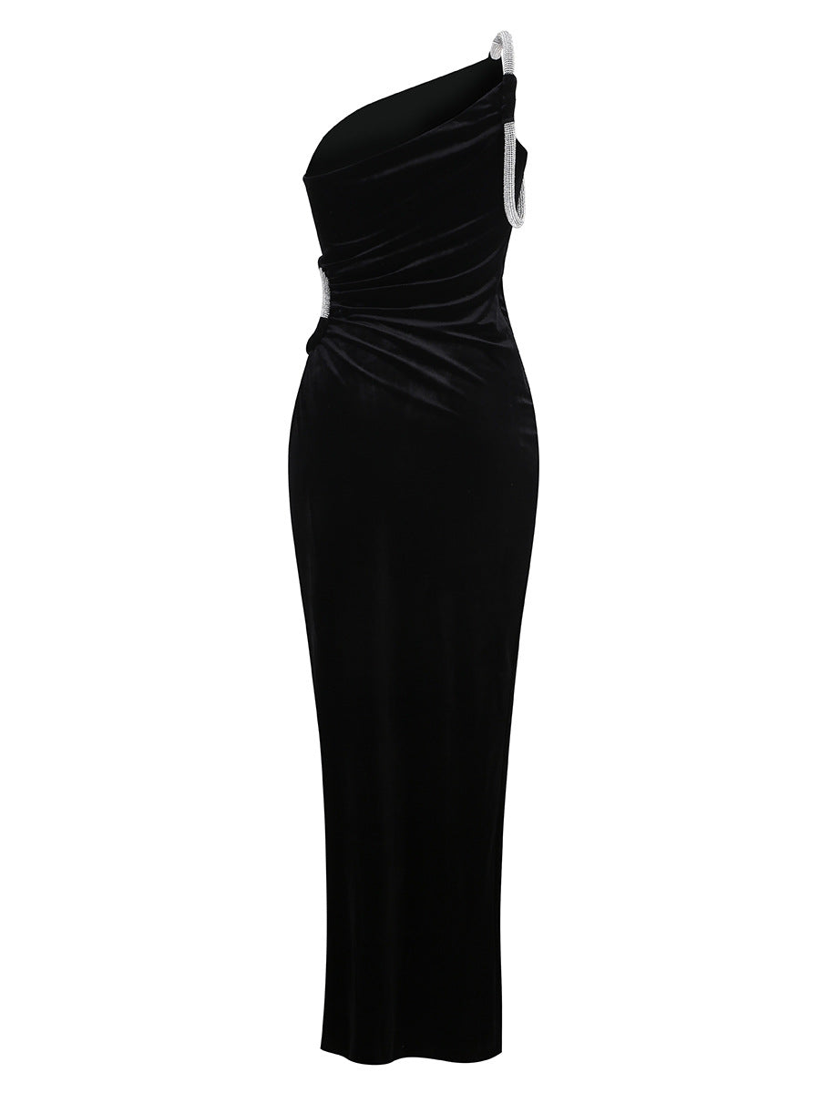 Temperament Single Shoulder Rhinestone Hollow Dress