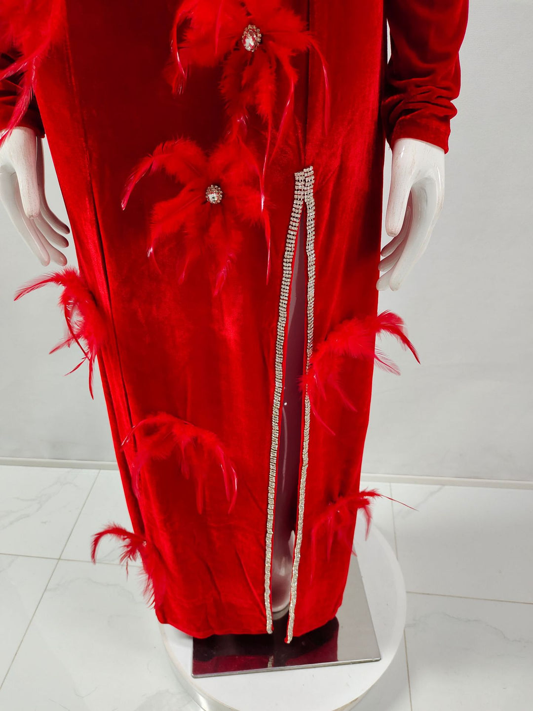 3D Red Feather Diamond Flower Maxi Dress