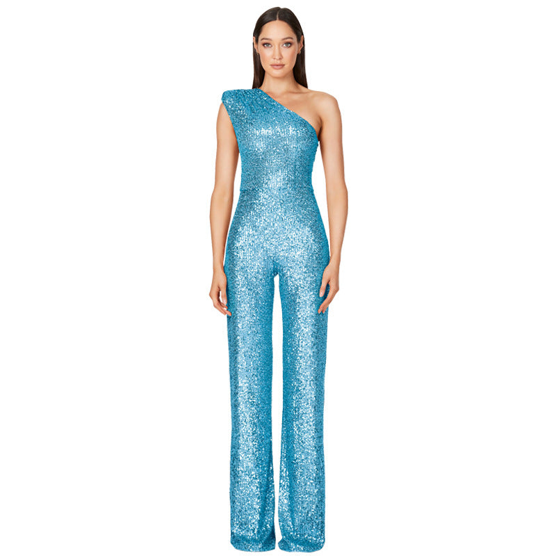 Simple Solid Color Shoulder Sequined Jumpsuit