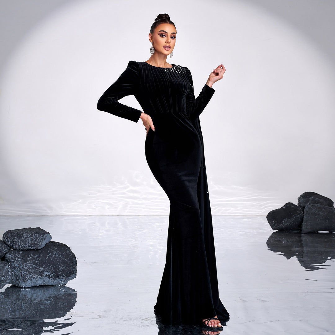 Vintage Long Sleeve Crew Neck Bead Maxi Dress