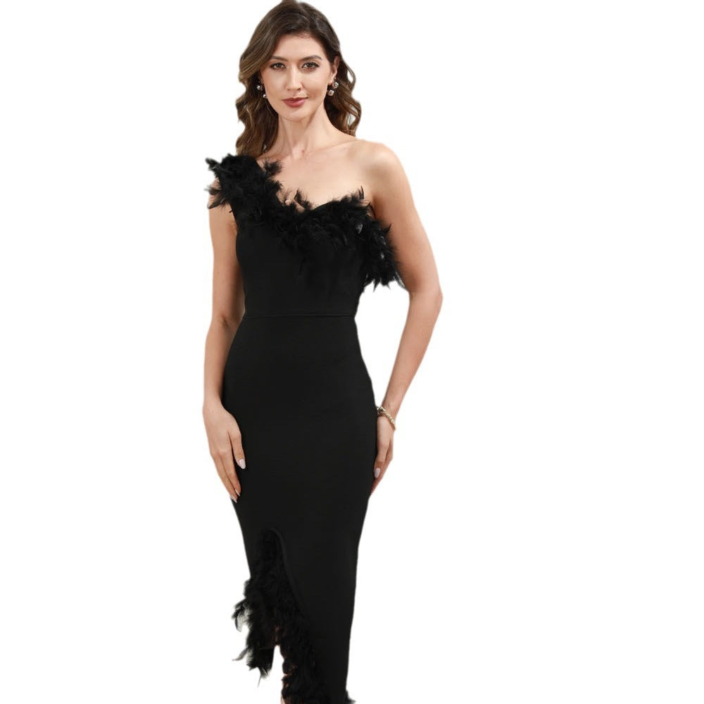 Temperament Single Shoulder Feather Solid Color Dress